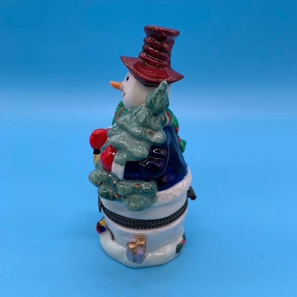Christmas Snowman Holding Tree Holiday Ceramic Trinket Box Figurine